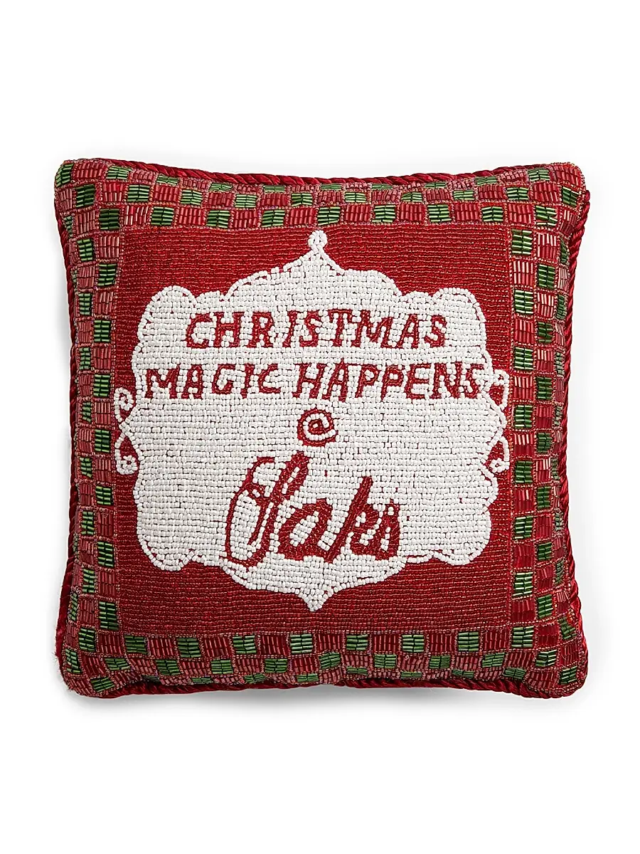 Sudha Pennathur Christmas Magic Happens At Saks Beaded Velvet Pillow - Red | Image 1 Sudha Pennathur Christmas Magic Happens At Saks Beaded Velvet Pillow - Red | Image 1
