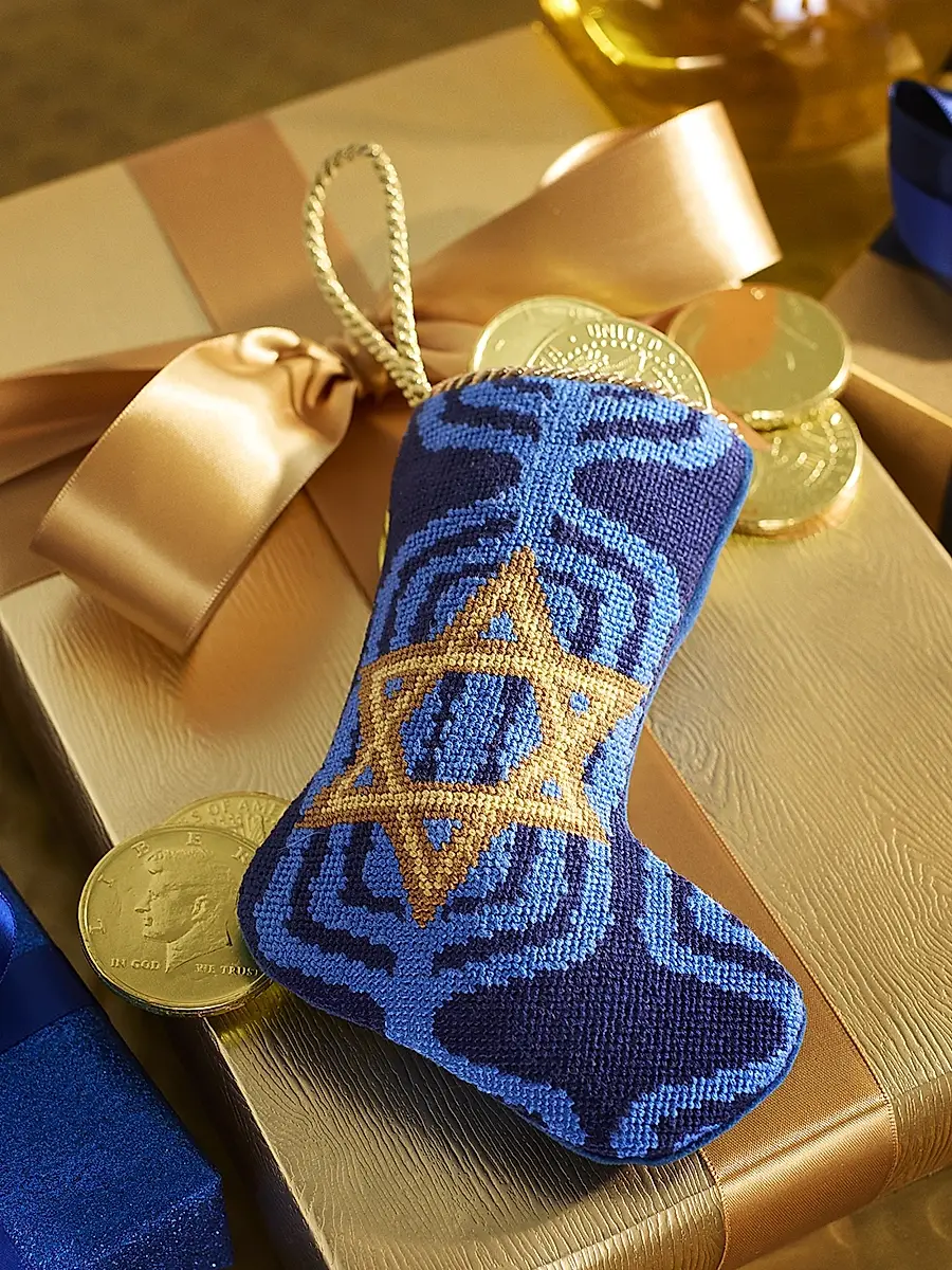 Bauble Stockings x Sainty Nelsen A Latke Like Hanukkah Mini Bauble Stocking | Image 1 Bauble Stockings x Sainty Nelsen A Latke Like Hanukkah Mini Bauble Stocking | Image 1
