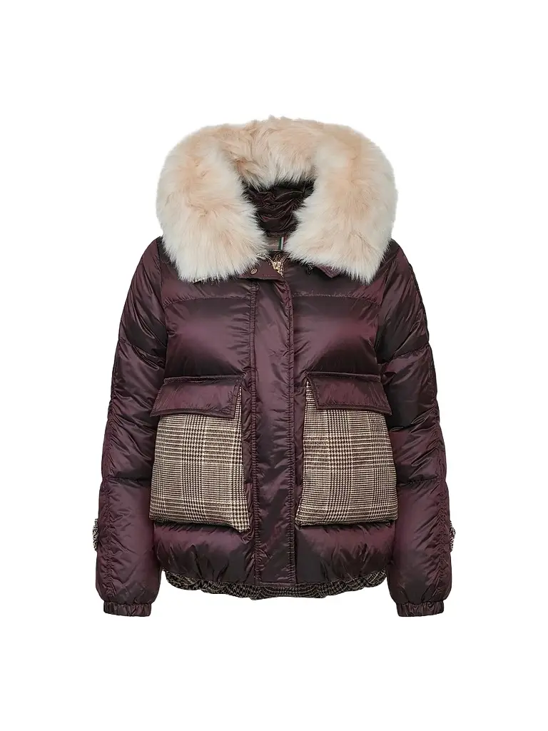 Gorski Women's Apres-Ski Mix Media Parka Coat with Detachable Lamb Hood Trim - Burgundy Iceberg - Size XL | Image 1 Gorski Women's Apres-Ski Mix Media Parka Coat with Detachable Lamb Hood Trim - Burgundy Iceberg - Size XL | Image 1