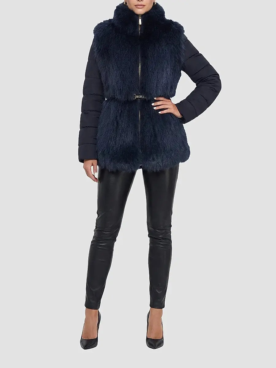 Gorski Women's Select Shearling Lamb Jacket with Quilted Sleeves and Back, Belt - Navy | Thumbnail 2 Gorski Women's Select Shearling Lamb Jacket with Quilted Sleeves and Back, Belt - Navy | Thumbnail 2