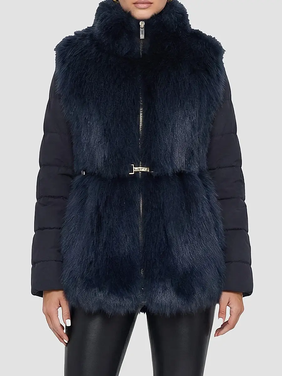Gorski Women's Select Shearling Lamb Jacket with Quilted Sleeves and Back, Belt - Navy | Thumbnail 3 Gorski Women's Select Shearling Lamb Jacket with Quilted Sleeves and Back, Belt - Navy | Thumbnail 3