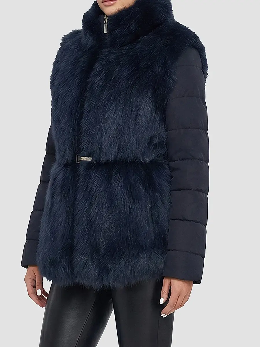 Gorski Women's Select Shearling Lamb Jacket with Quilted Sleeves and Back, Belt - Navy | Thumbnail 4 Gorski Women's Select Shearling Lamb Jacket with Quilted Sleeves and Back, Belt - Navy | Thumbnail 4