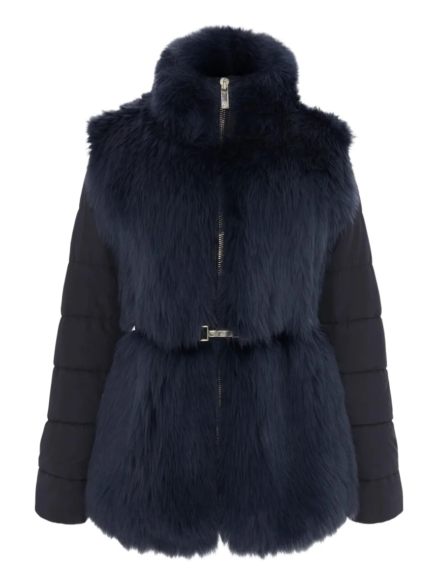 Women's Select Shearling Lamb Jacket with Quilted Sleeves and Back, Belt - Navy Women's Select Shearling Lamb Jacket with Quilted Sleeves and Back, Belt - Navy