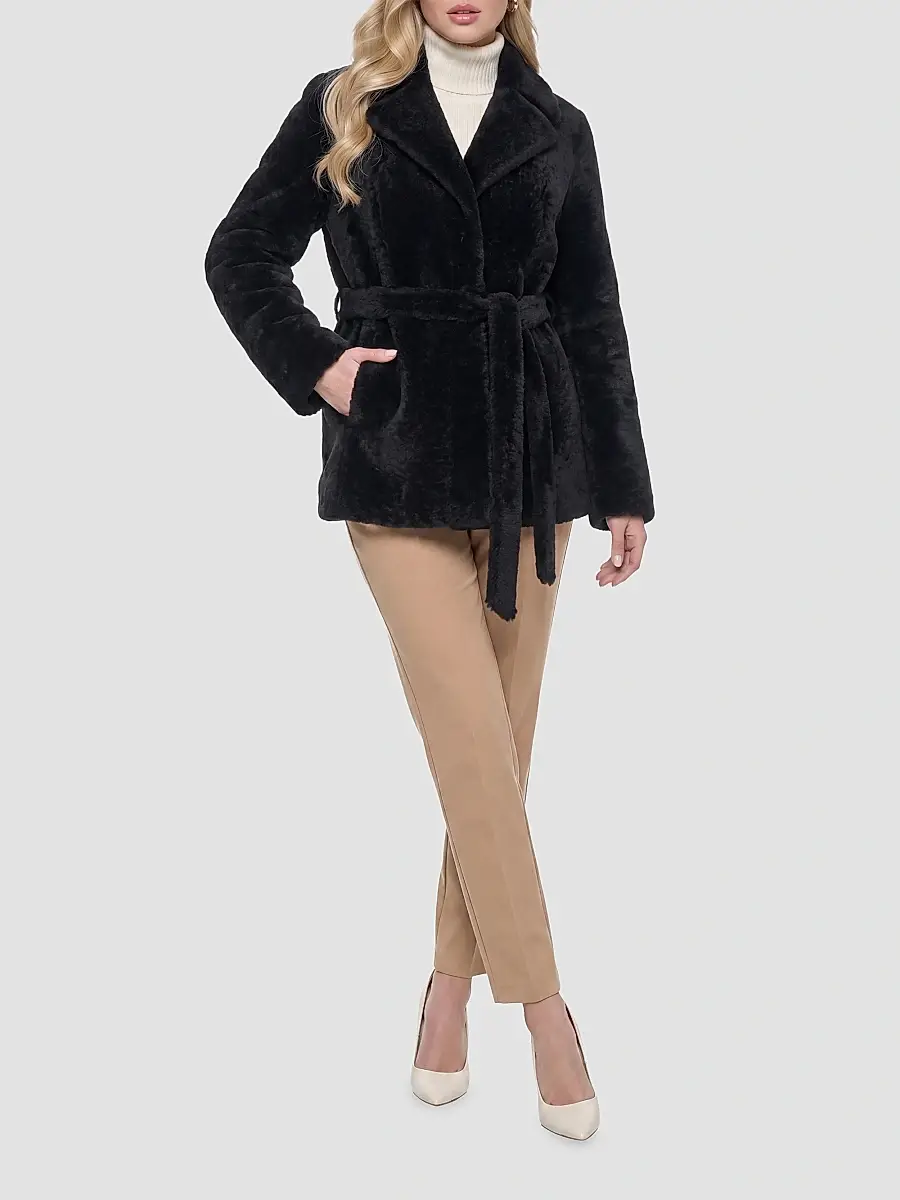 Gorski Women's Textured Shearling Lamb Coat with Belt - Black | Thumbnail 2 Gorski Women's Textured Shearling Lamb Coat with Belt - Black | Thumbnail 2