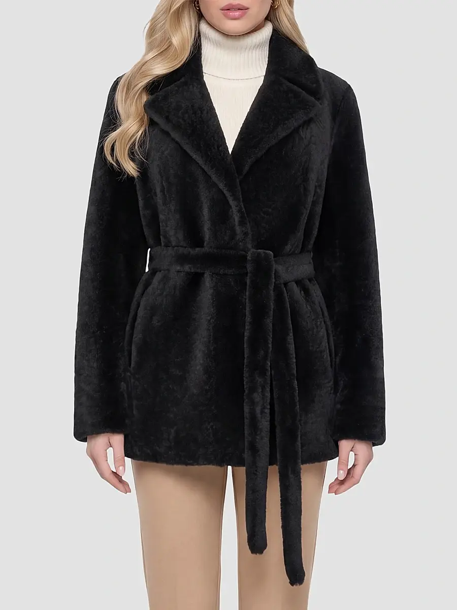 Gorski Women's Textured Shearling Lamb Coat with Belt - Black | Thumbnail 3 Gorski Women's Textured Shearling Lamb Coat with Belt - Black | Thumbnail 3