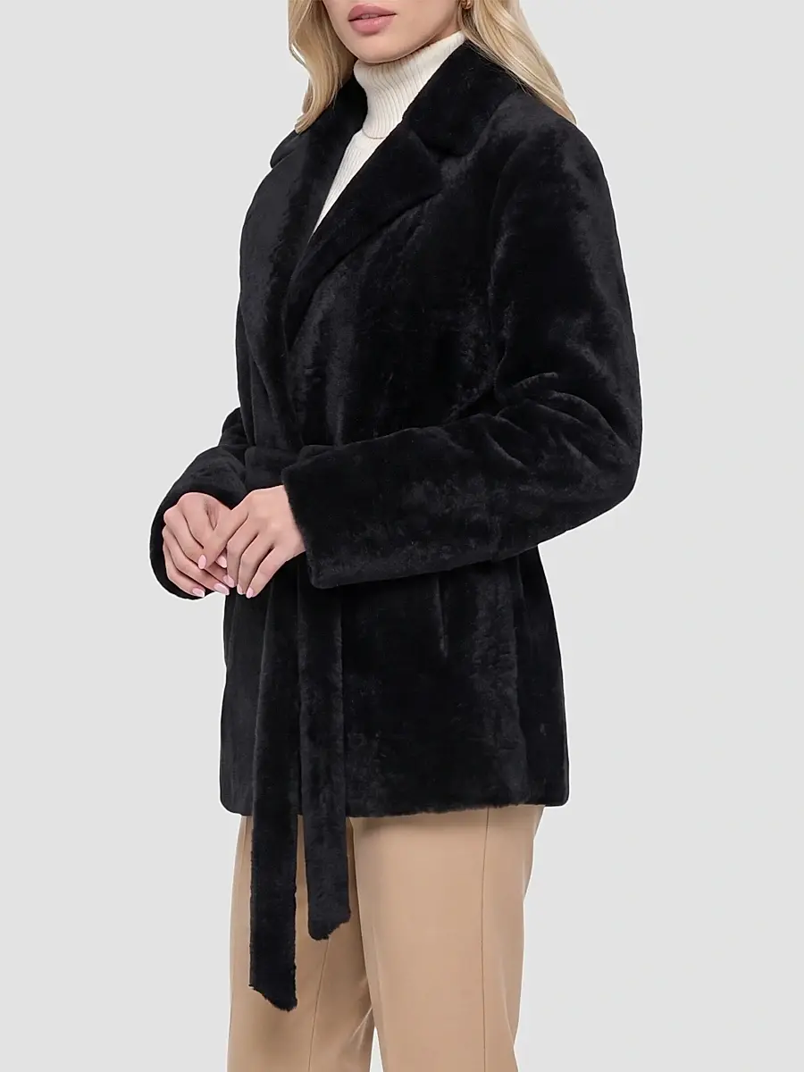 Gorski Women's Textured Shearling Lamb Coat with Belt - Black | Thumbnail 4 Gorski Women's Textured Shearling Lamb Coat with Belt - Black | Thumbnail 4