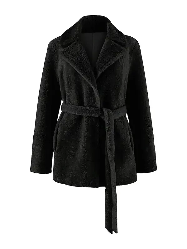 Women's Textured Shearling Lamb Coat with Belt - Black Women's Textured Shearling Lamb Coat with Belt - Black