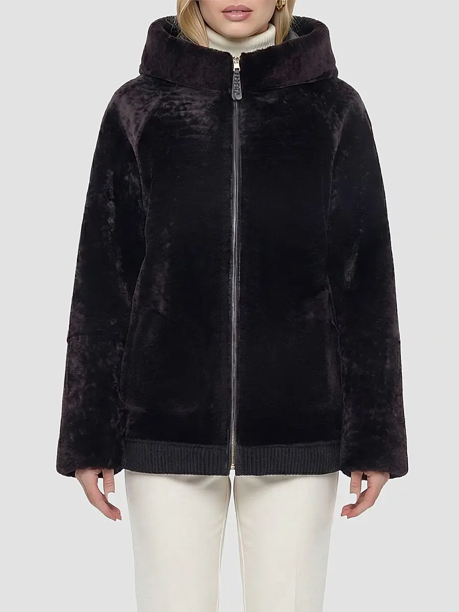 Gorski Women's Textured Shearling Lamb Coat with Hood - Brown | Thumbnail 3 Gorski Women's Textured Shearling Lamb Coat with Hood - Brown | Thumbnail 3