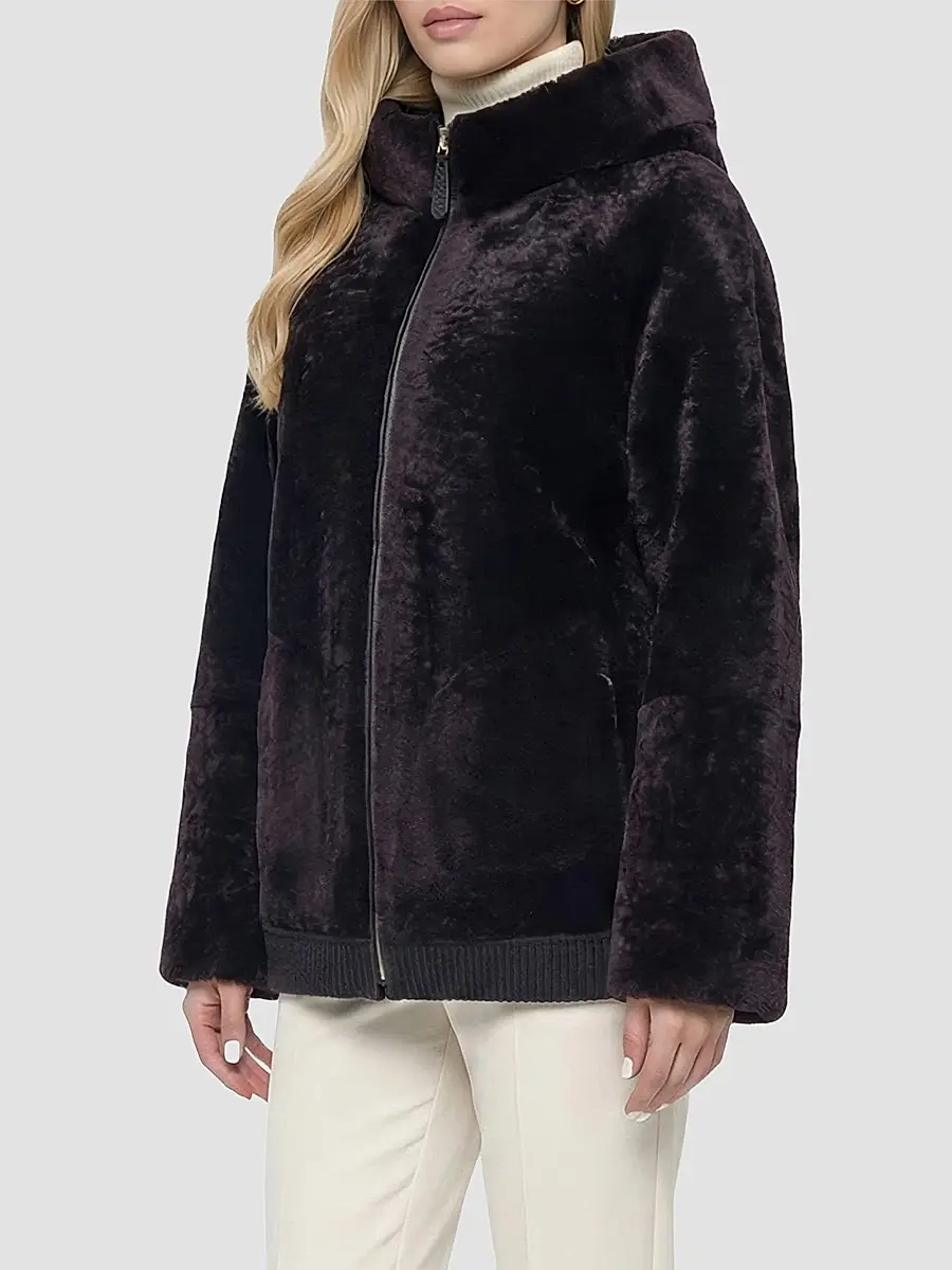 Gorski Women's Textured Shearling Lamb Coat with Hood - Brown | Thumbnail 4 Gorski Women's Textured Shearling Lamb Coat with Hood - Brown | Thumbnail 4