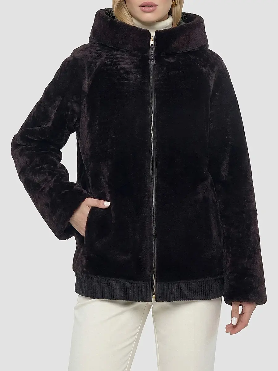 Gorski Women's Textured Shearling Lamb Coat with Hood - Brown | Thumbnail 6 Gorski Women's Textured Shearling Lamb Coat with Hood - Brown | Thumbnail 6