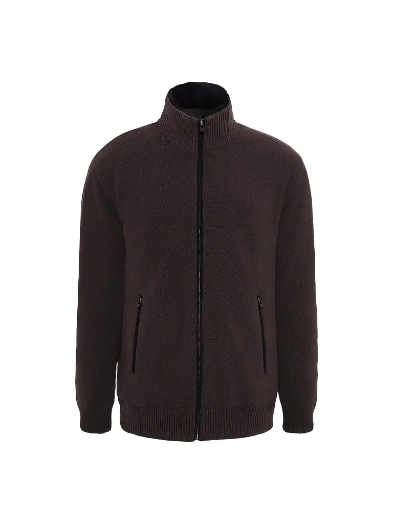 Gorski Men's Knit Jacket with Detachable Select Shearling Lamb Collar - Brown | Image 1 Gorski Men's Knit Jacket with Detachable Select Shearling Lamb Collar - Brown | Image 1