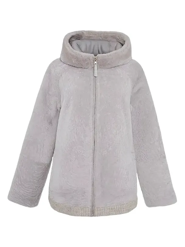 Women's Textured Shearling Lamb Coat with Hood - Beige