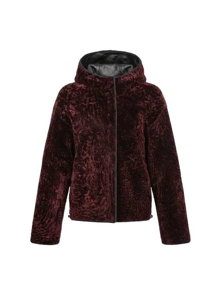 Gorski Women's Textured Shearling Lamb Jacket, Hood - Burgundy - Size XL | Image 1 Gorski Women's Textured Shearling Lamb Jacket, Hood - Burgundy - Size XL | Image 1