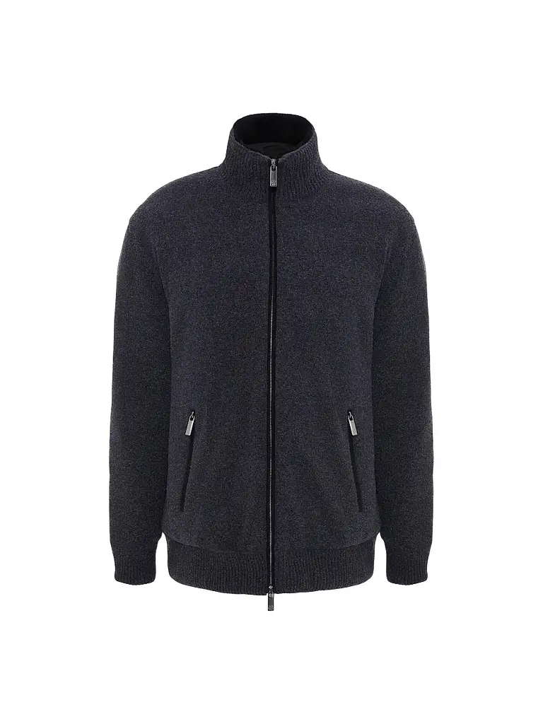 Gorski Men's Knit Jacket with Detachable Select Shearling Lamb Collar - Gray | Image 1 Gorski Men's Knit Jacket with Detachable Select Shearling Lamb Collar - Gray | Image 1