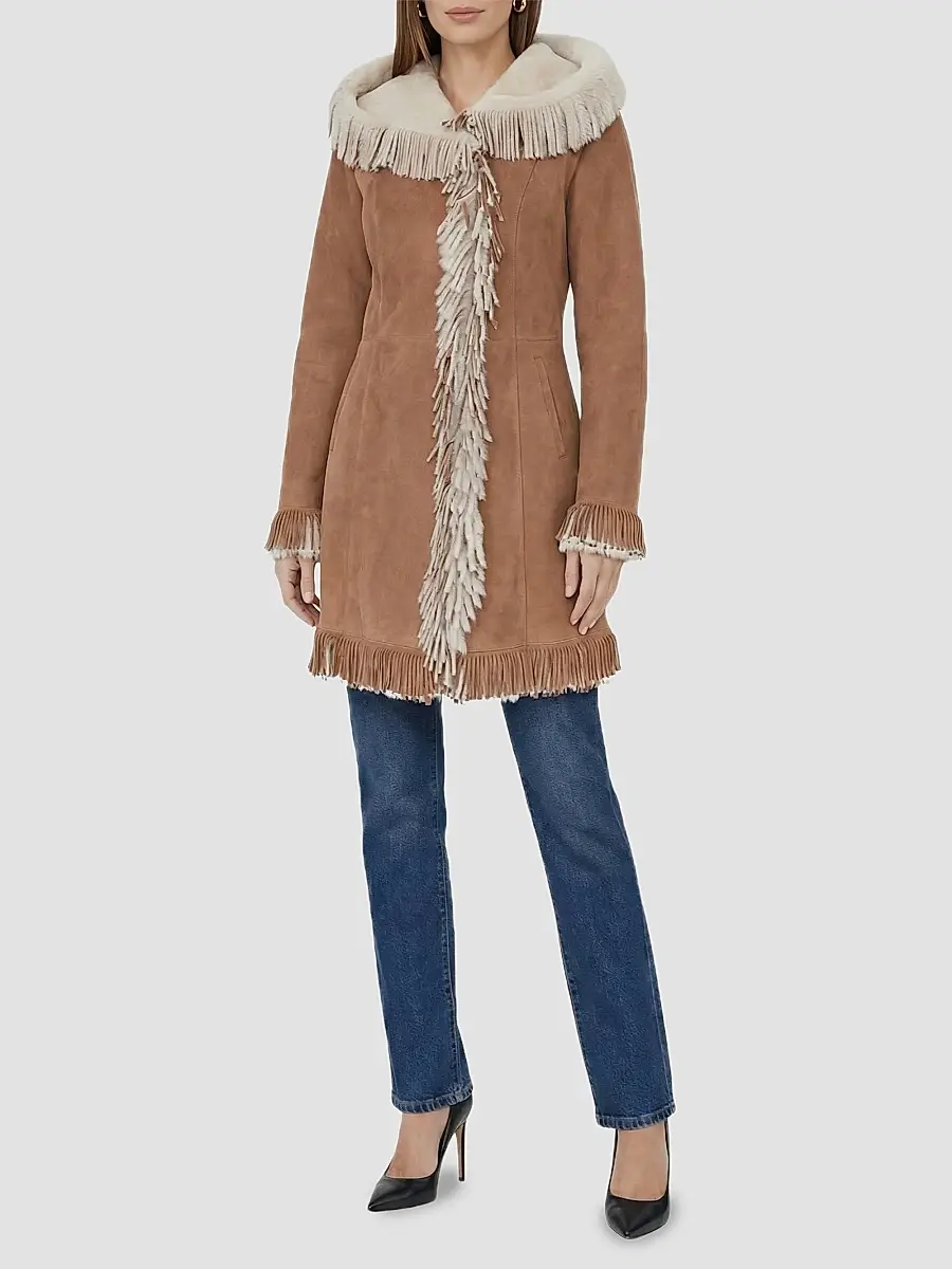 Gorski Women's Merino Shearling Lamb Parka with Fringes, Suede Finish | Thumbnail 2