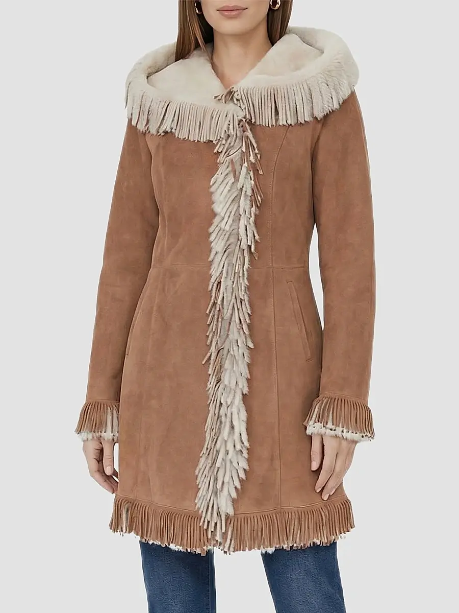 Gorski Women's Merino Shearling Lamb Parka with Fringes, Suede Finish | Thumbnail 3