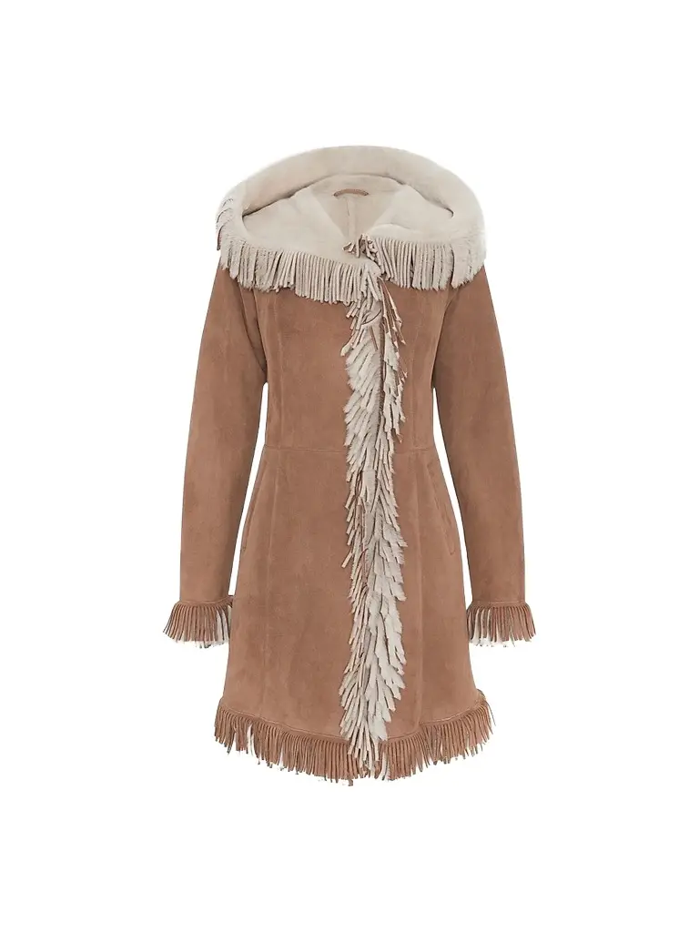 Gorski Women's Merino Shearling Lamb Parka with Fringes, Suede Finish - Chestnut White | Image 1 Gorski Women's Merino Shearling Lamb Parka with Fringes, Suede Finish - Chestnut White | Image 1