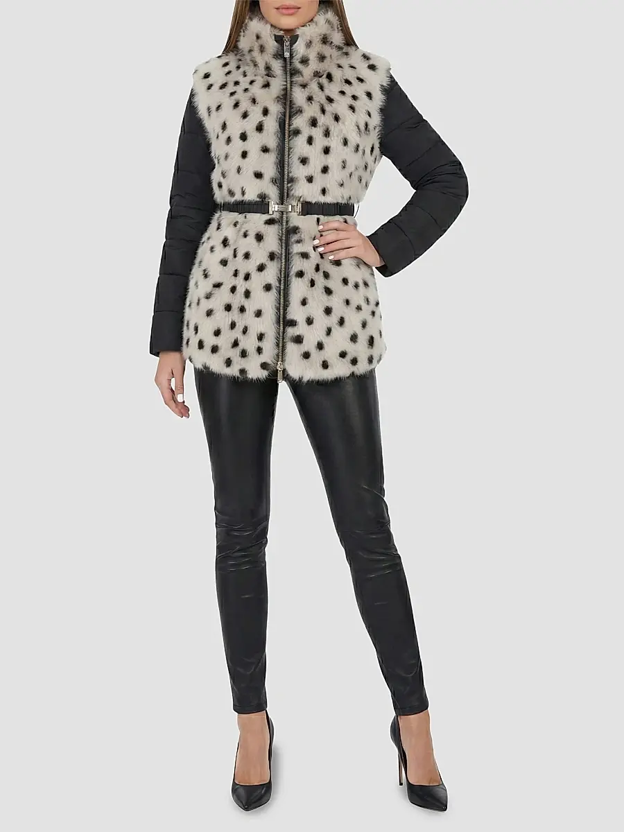 Gorski Women's Select Lamb Coat with Quilted Sleeves and Back with Belt - Beige Black Spotted | Thumbnail 2 Gorski Women's Select Lamb Coat with Quilted Sleeves and Back with Belt - Beige Black Spotted | Thumbnail 2