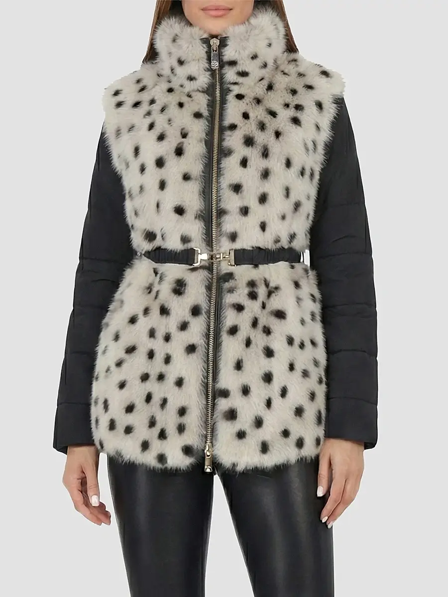 Gorski Women's Select Lamb Coat with Quilted Sleeves and Back with Belt - Beige Black Spotted | Thumbnail 3 Gorski Women's Select Lamb Coat with Quilted Sleeves and Back with Belt - Beige Black Spotted | Thumbnail 3