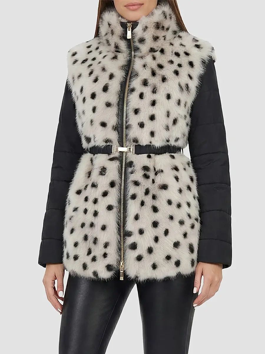 Gorski Women's Select Lamb Coat with Quilted Sleeves and Back with Belt - Beige Black Spotted | Thumbnail 4 Gorski Women's Select Lamb Coat with Quilted Sleeves and Back with Belt - Beige Black Spotted | Thumbnail 4