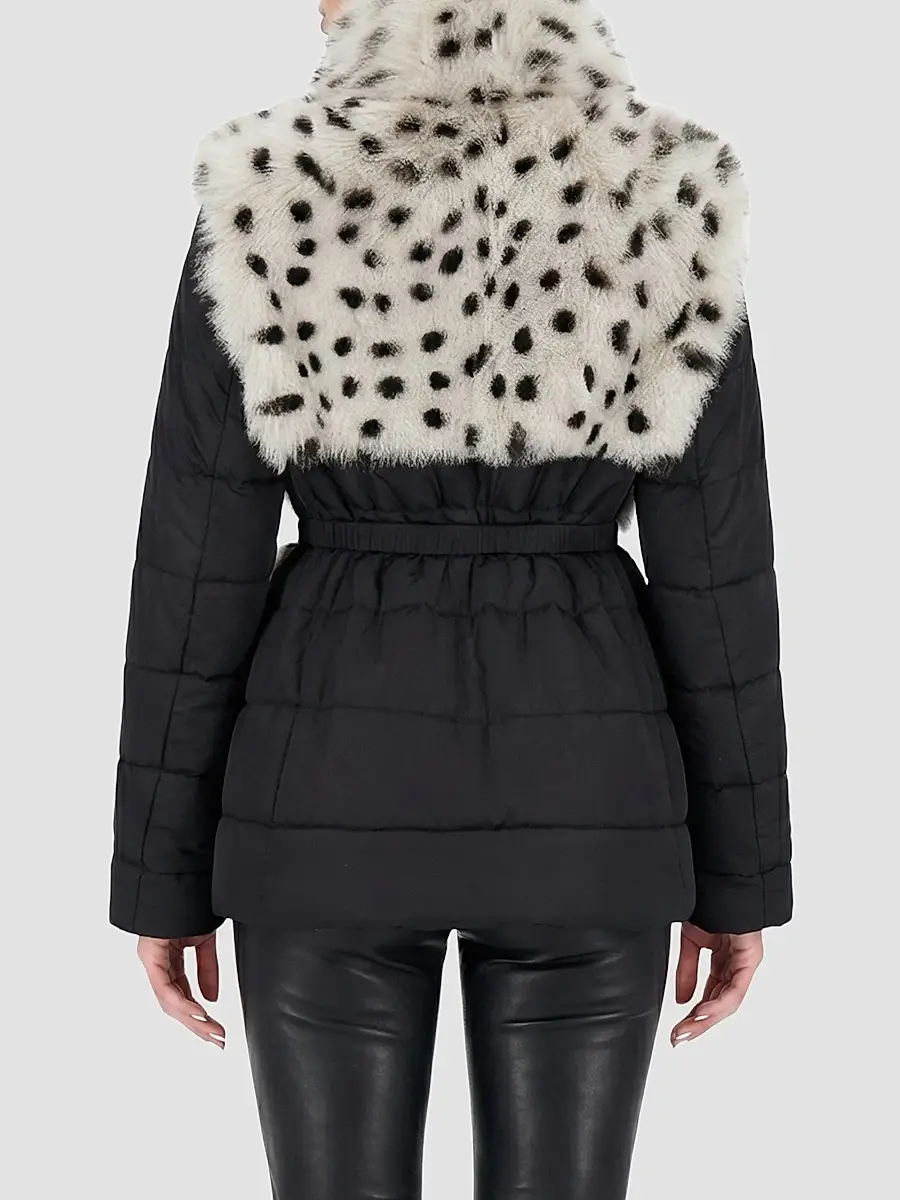 Gorski Women's Select Lamb Coat with Quilted Sleeves and Back with Belt - Beige Black Spotted | Thumbnail 5 Gorski Women's Select Lamb Coat with Quilted Sleeves and Back with Belt - Beige Black Spotted | Thumbnail 5