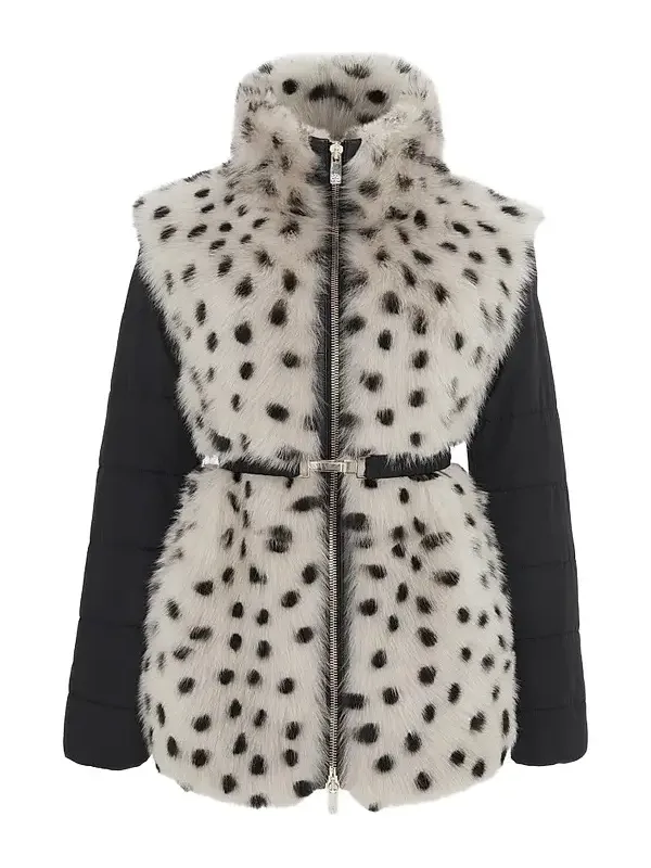 Gorski Women's Select Lamb Coat with Quilted Sleeves and Back with Belt - Beige Black Spotted