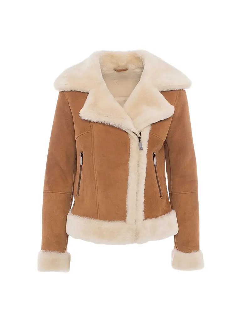 Gorski Women's Merino Lamb Moto Zip Jacket - Whiskey Beige | Image 1 Gorski Women's Merino Lamb Moto Zip Jacket - Whiskey Beige | Image 1
