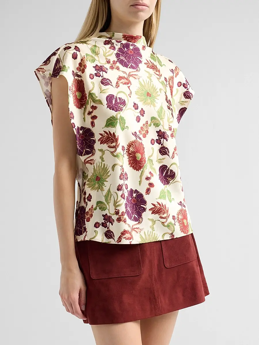 TANYA TAYLOR Women's Adrien Floral Satin Flutter-Sleeve Top | Thumbnail 4