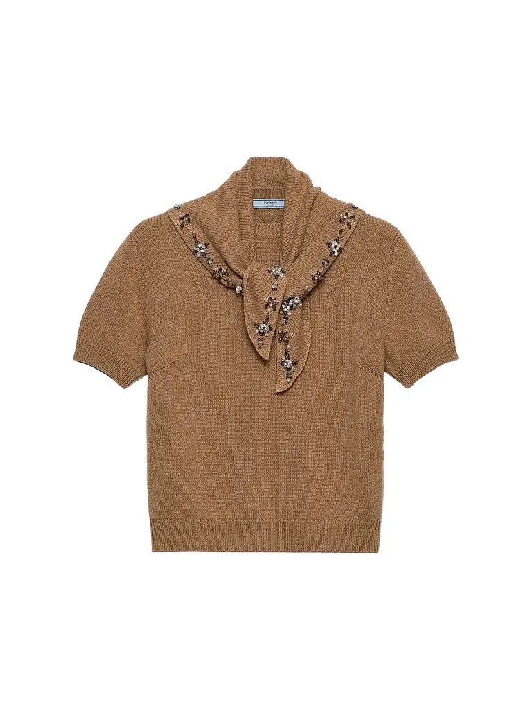 Prada Women's Short-Sleeved Cashmere Sweater - Brown | Image 1 Prada Women's Short-Sleeved Cashmere Sweater - Brown | Image 1