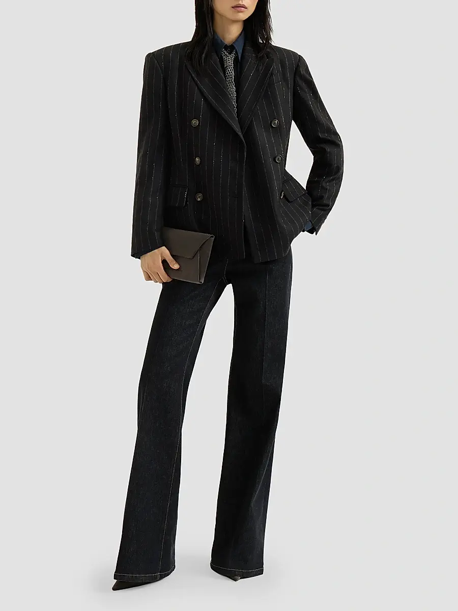 Brunello Cucinelli Women's Comfort No-Fade Denim Flared Trousers with Monili - Black | Thumbnail 2