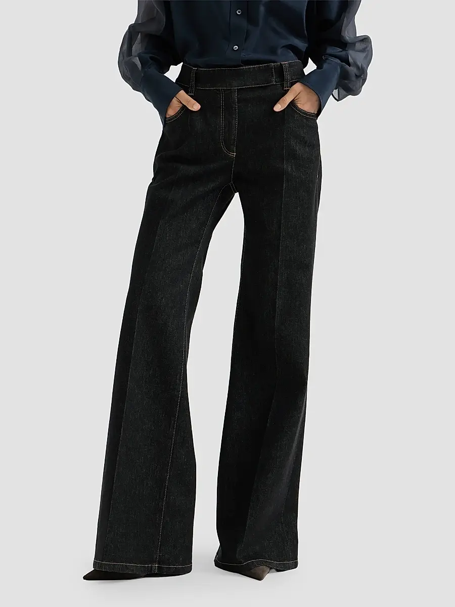 Brunello Cucinelli Women's Comfort No-Fade Denim Flared Trousers with Monili - Black | Thumbnail 3