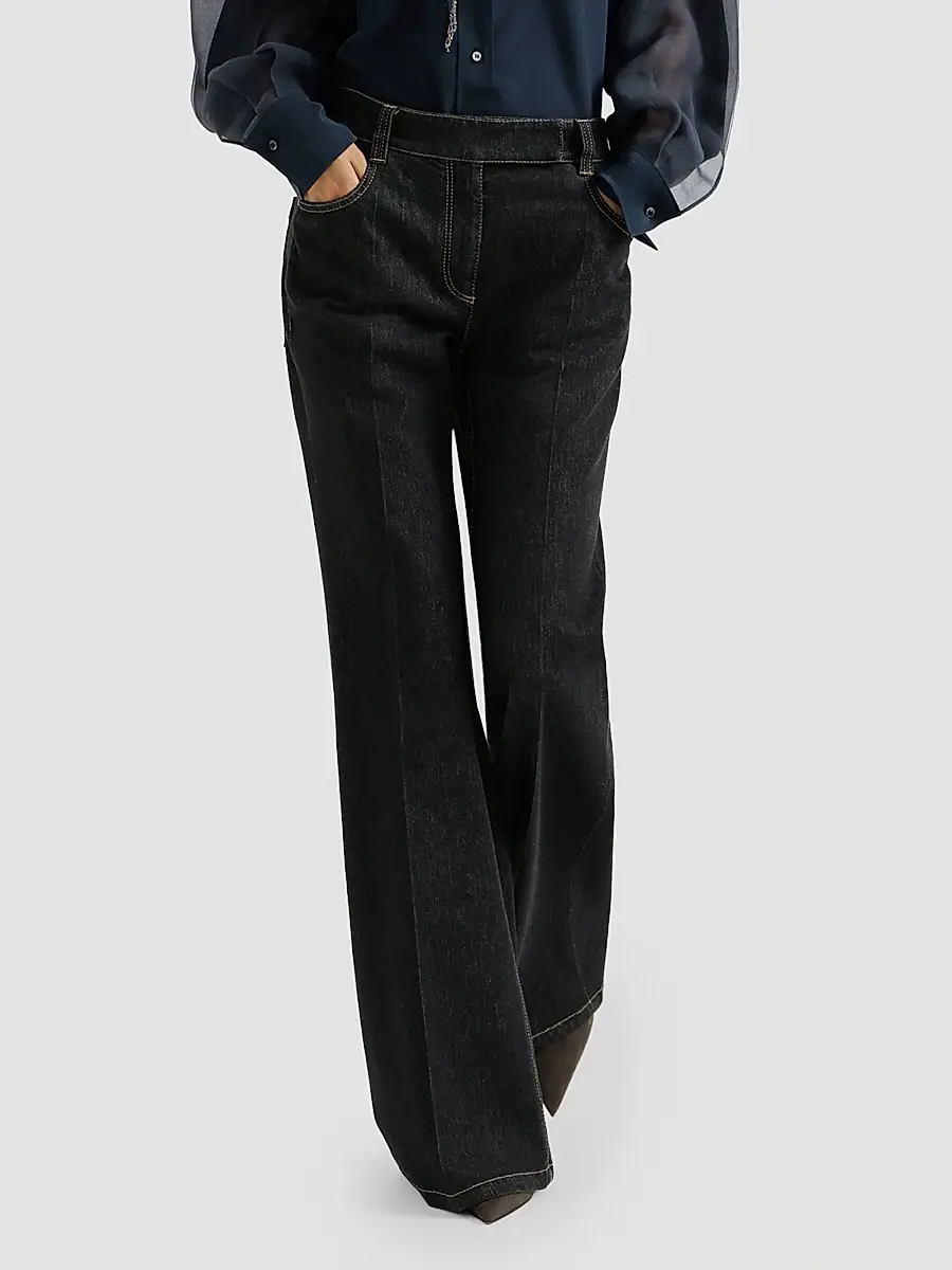Brunello Cucinelli Women's Comfort No-Fade Denim Flared Trousers with Monili - Black | Thumbnail 6