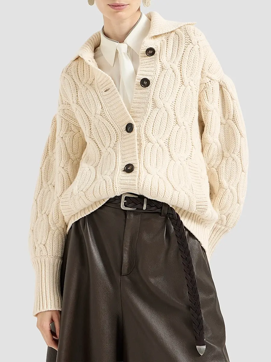 Brunello Cucinelli Women's Cashmere Feather Yarn Heritage Cable Cardigan | Thumbnail 3