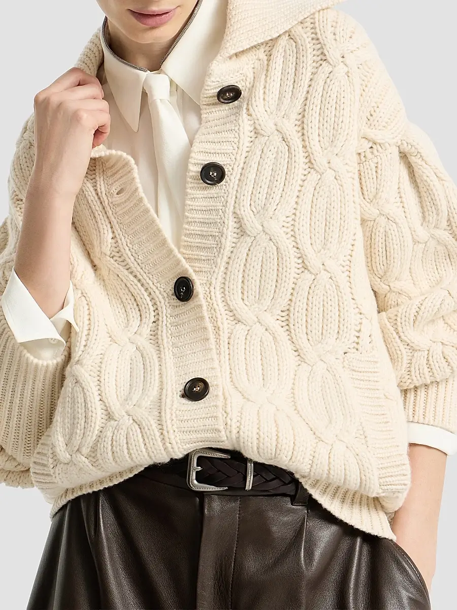 Brunello Cucinelli Women's Cashmere Feather Yarn Heritage Cable Cardigan | Thumbnail 5