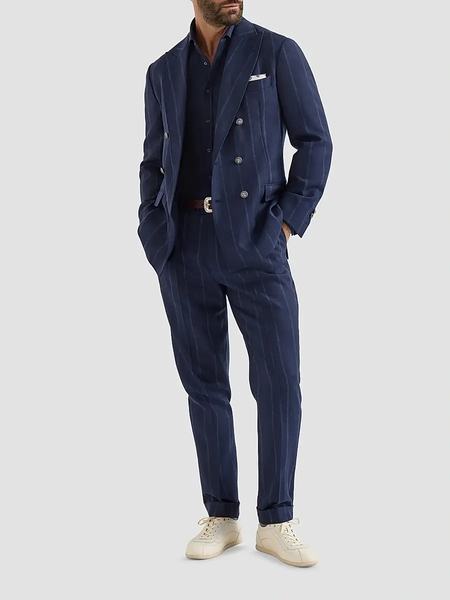 Brunello Cucinelli Men's Cotton Piqué Shirt with Spread Collar - Navy Blue | Thumbnail 2 Brunello Cucinelli Men's Cotton Piqué Shirt with Spread Collar - Navy Blue | Thumbnail 2