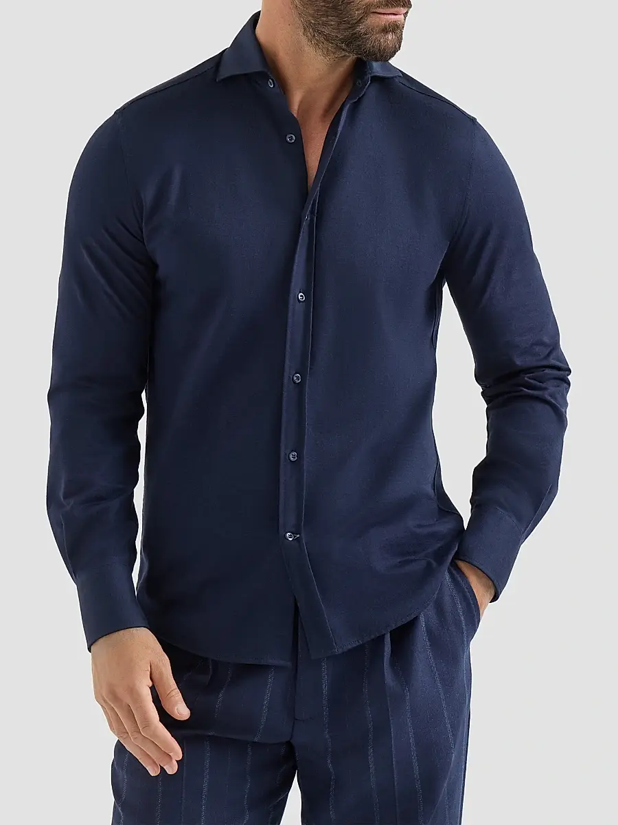 Brunello Cucinelli Men's Cotton Piqué Shirt with Spread Collar - Navy Blue | Thumbnail 3 Brunello Cucinelli Men's Cotton Piqué Shirt with Spread Collar - Navy Blue | Thumbnail 3