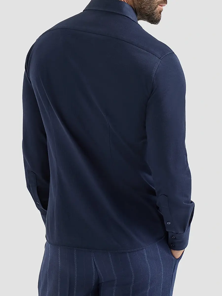 Brunello Cucinelli Men's Cotton Piqué Shirt with Spread Collar - Navy Blue | Thumbnail 4 Brunello Cucinelli Men's Cotton Piqué Shirt with Spread Collar - Navy Blue | Thumbnail 4
