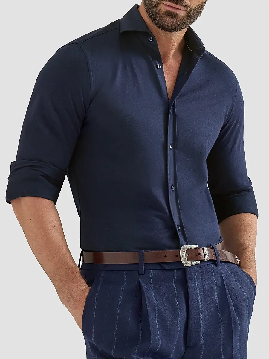 Brunello Cucinelli Men's Cotton Piqué Shirt with Spread Collar - Navy Blue | Thumbnail 5 Brunello Cucinelli Men's Cotton Piqué Shirt with Spread Collar - Navy Blue | Thumbnail 5