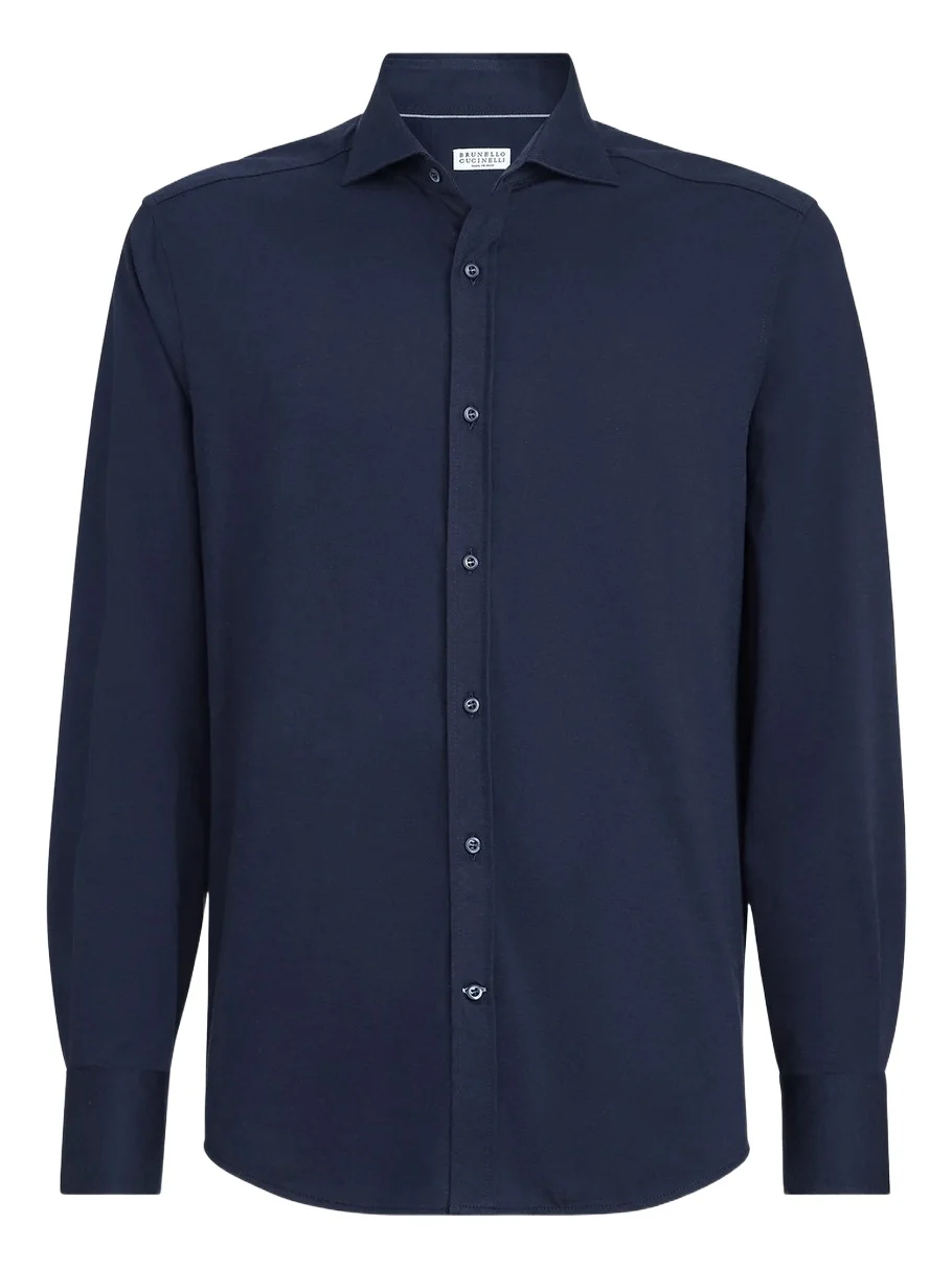 Men's Cotton Piqué Shirt with Spread Collar - Navy Blue Men's Cotton Piqué Shirt with Spread Collar - Navy Blue