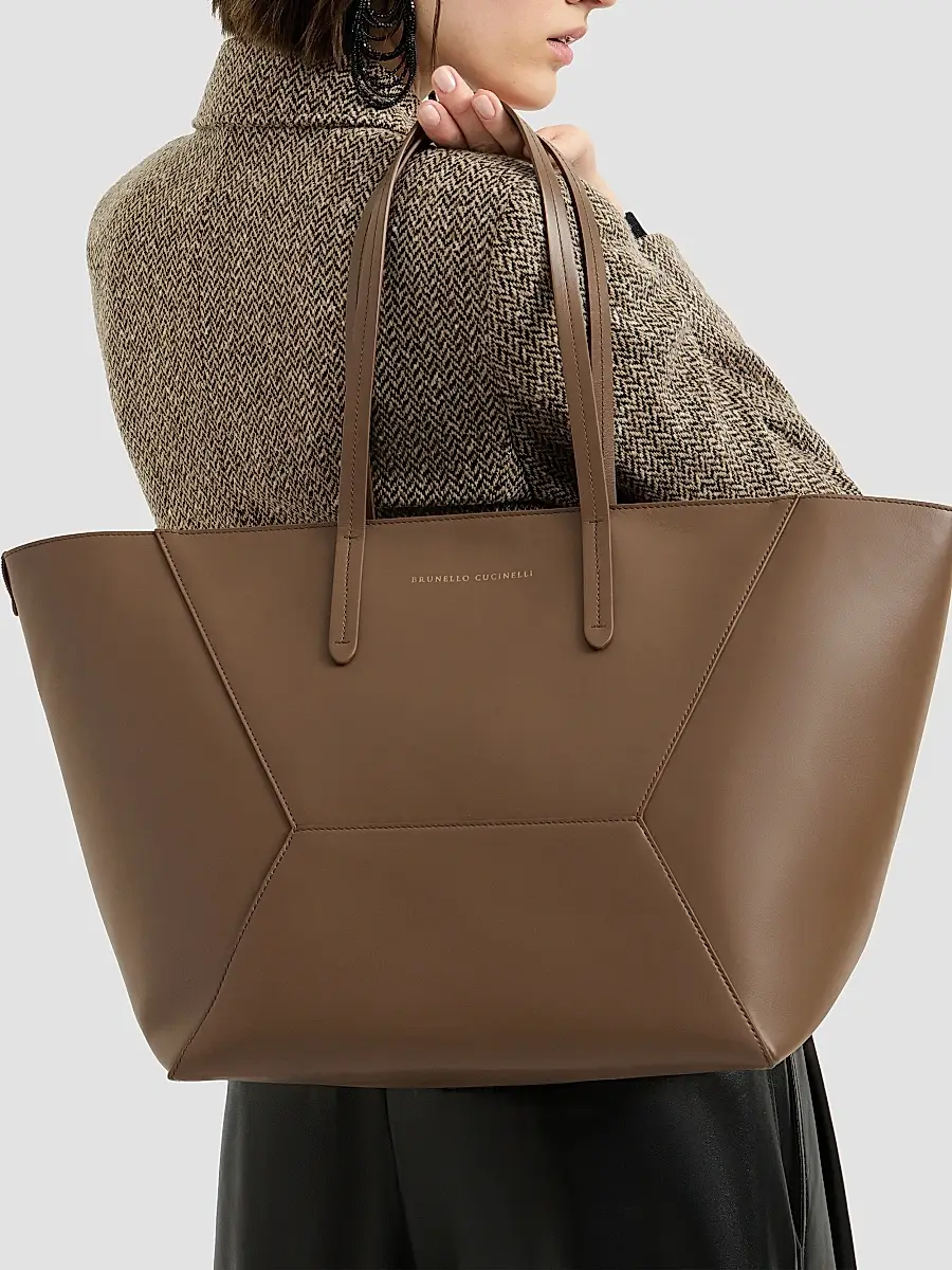 Brunello Cucinelli Women's Duo Tote Bag in Calfskin with Monili - Brown Gianduia | Thumbnail 2 Brunello Cucinelli Women's Duo Tote Bag in Calfskin with Monili - Brown Gianduia | Thumbnail 2