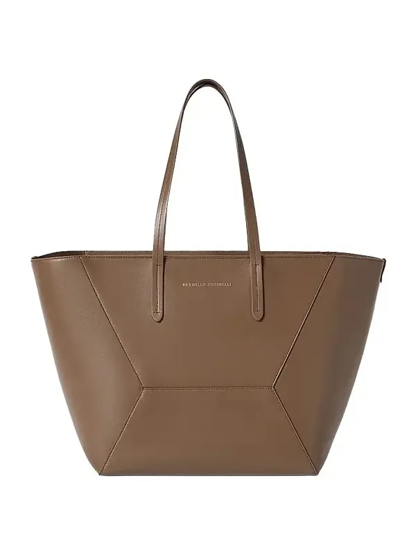 Women's Duo Tote Bag in Calfskin with Monili - Brown Gianduia