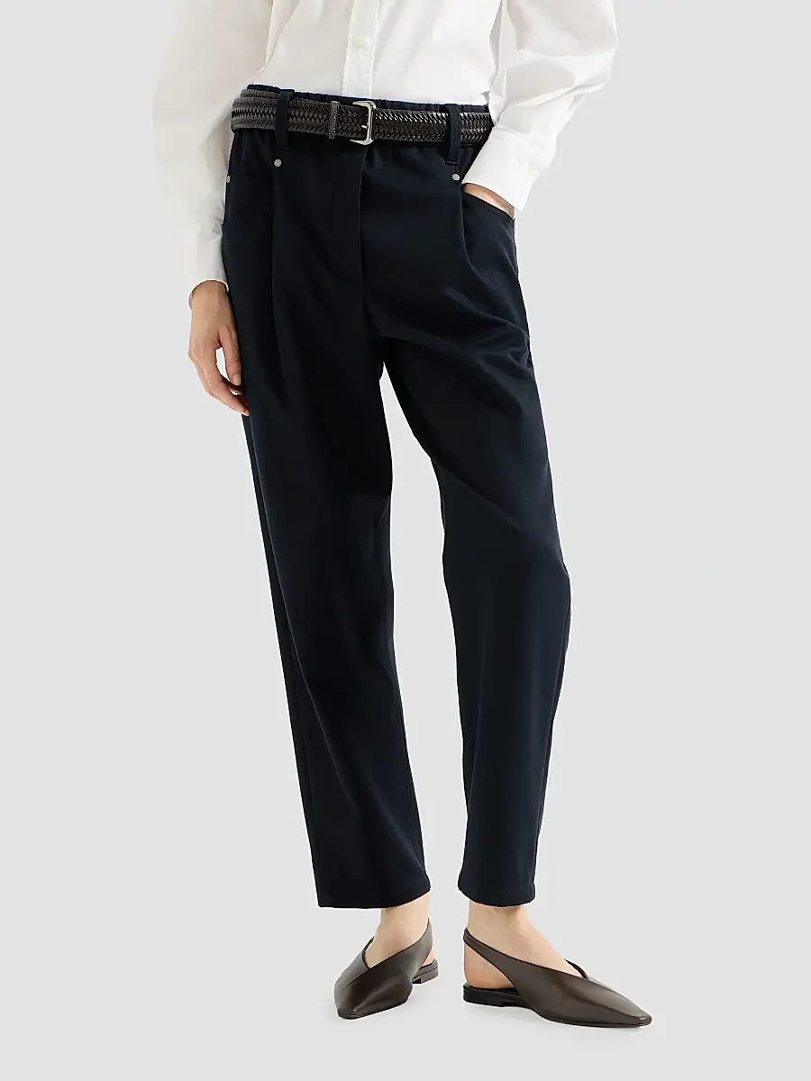 Brunello Cucinelli Women's Stretch Cotton Cover Baggy Pull-On Trousers with Shiny Bartack - Cobalt | Thumbnail 3