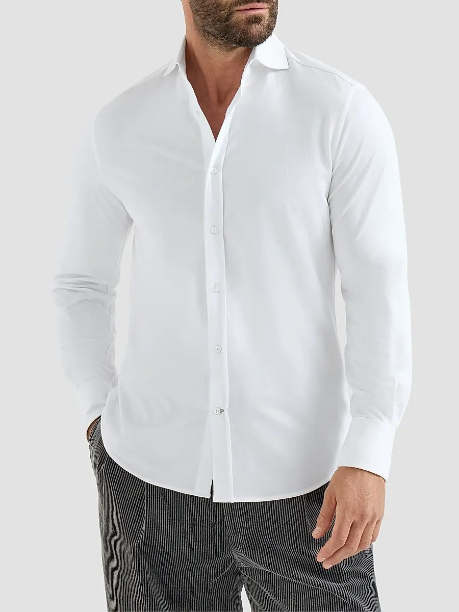 Brunello Cucinelli Men's Cotton Piqué Shirt with Spread Collar - White | Thumbnail 3 Brunello Cucinelli Men's Cotton Piqué Shirt with Spread Collar - White | Thumbnail 3