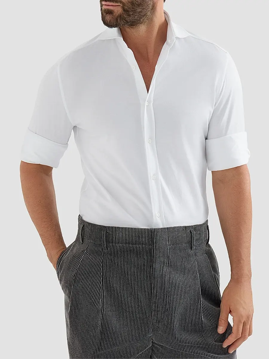 Brunello Cucinelli Men's Cotton Piqué Shirt with Spread Collar - White | Thumbnail 5 Brunello Cucinelli Men's Cotton Piqué Shirt with Spread Collar - White | Thumbnail 5