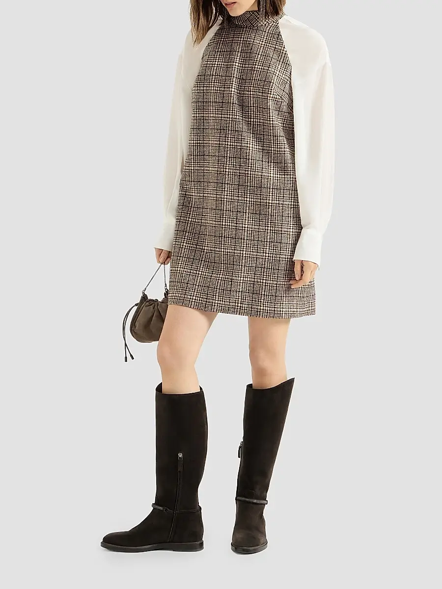 Brunello Cucinelli Women's Checked Alpaca and Wool Dress - Brown | Thumbnail 2 Brunello Cucinelli Women's Checked Alpaca and Wool Dress - Brown | Thumbnail 2