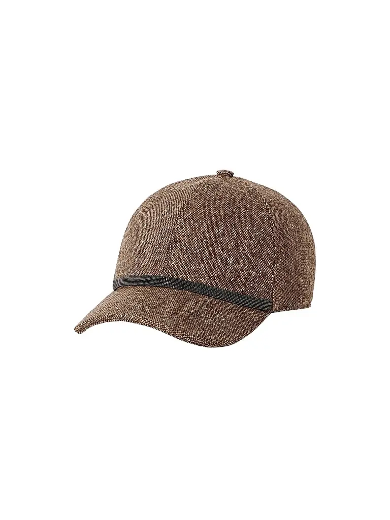 Brunello Cucinelli Women's Virgin Wool Donegal Baseball Cap with Shiny Band - Light Brown | Image 1 Brunello Cucinelli Women's Virgin Wool Donegal Baseball Cap with Shiny Band - Light Brown | Image 1