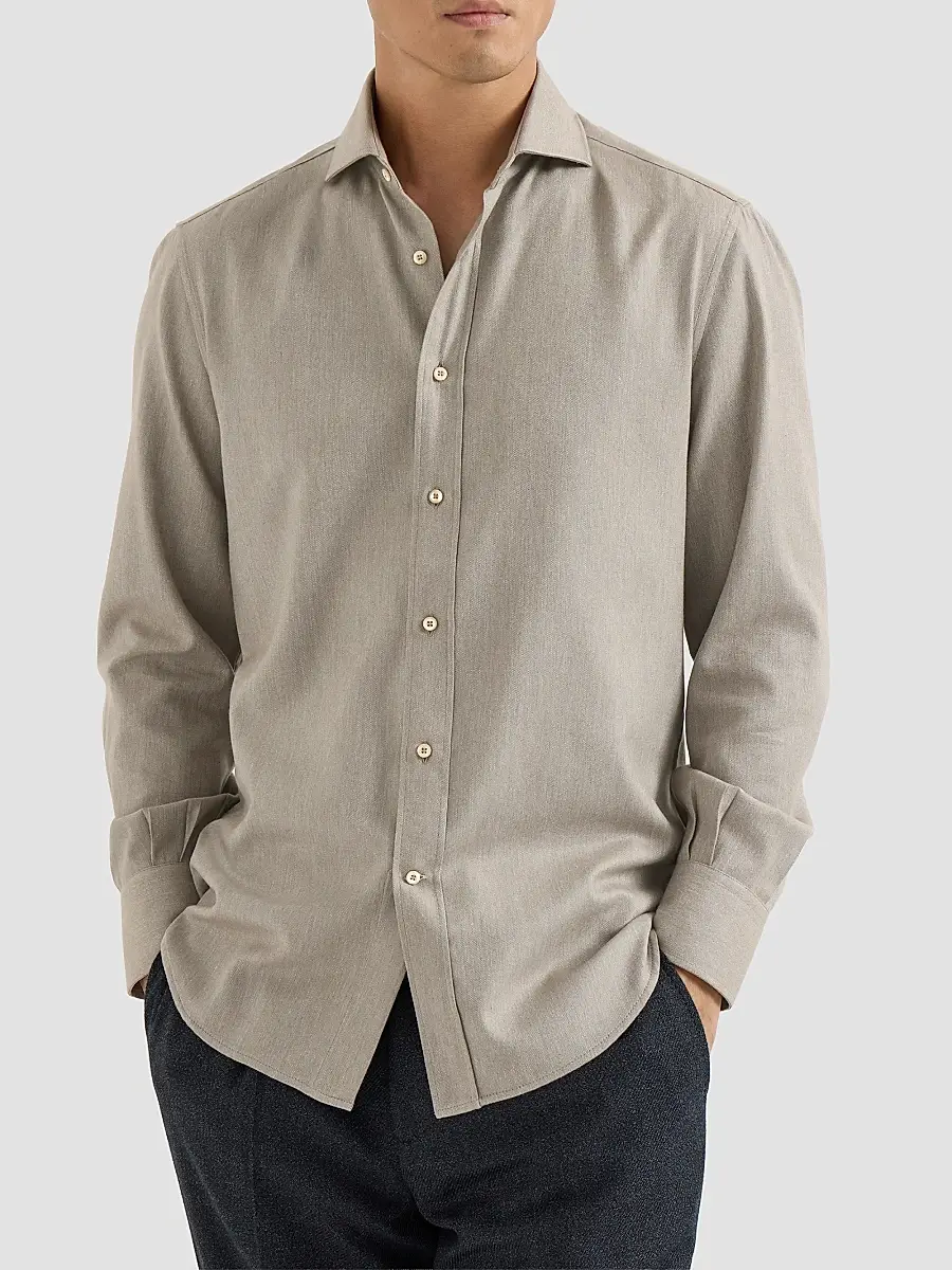 Brunello Cucinelli Men's Stretch Cotton Chevron Flannel Shirt with Spread Collar - Stone | Thumbnail 3 Brunello Cucinelli Men's Stretch Cotton Chevron Flannel Shirt with Spread Collar - Stone | Thumbnail 3