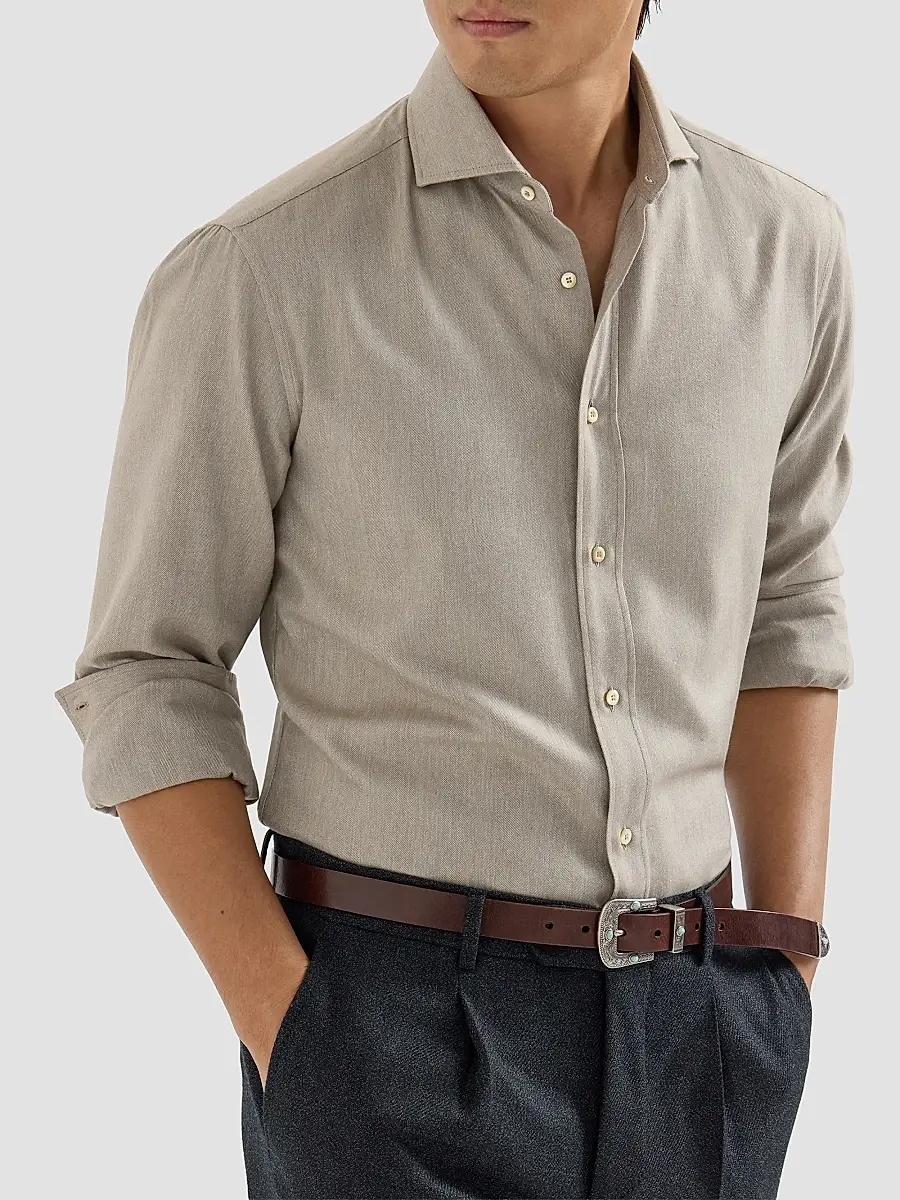 Brunello Cucinelli Men's Stretch Cotton Chevron Flannel Shirt with Spread Collar - Stone | Thumbnail 5 Brunello Cucinelli Men's Stretch Cotton Chevron Flannel Shirt with Spread Collar - Stone | Thumbnail 5