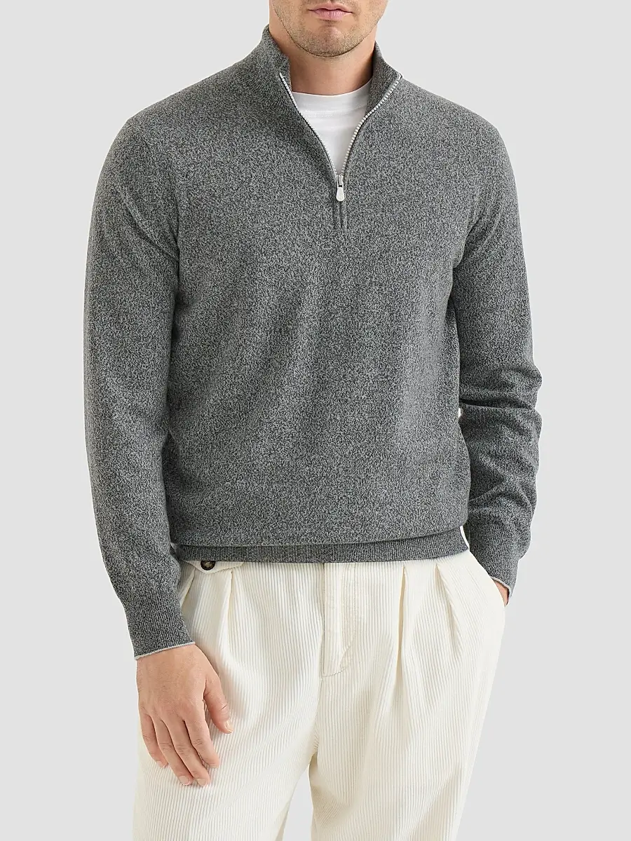 Brunello Cucinelli Men's Mouliné Cashmere Sweater with Half Zip - Dark Grey | Thumbnail 3