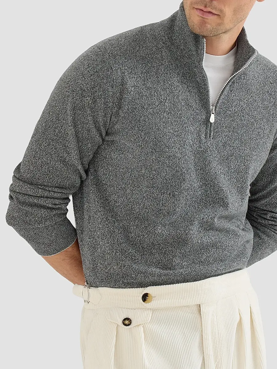 Brunello Cucinelli Men's Mouliné Cashmere Sweater with Half Zip - Dark Grey | Thumbnail 5